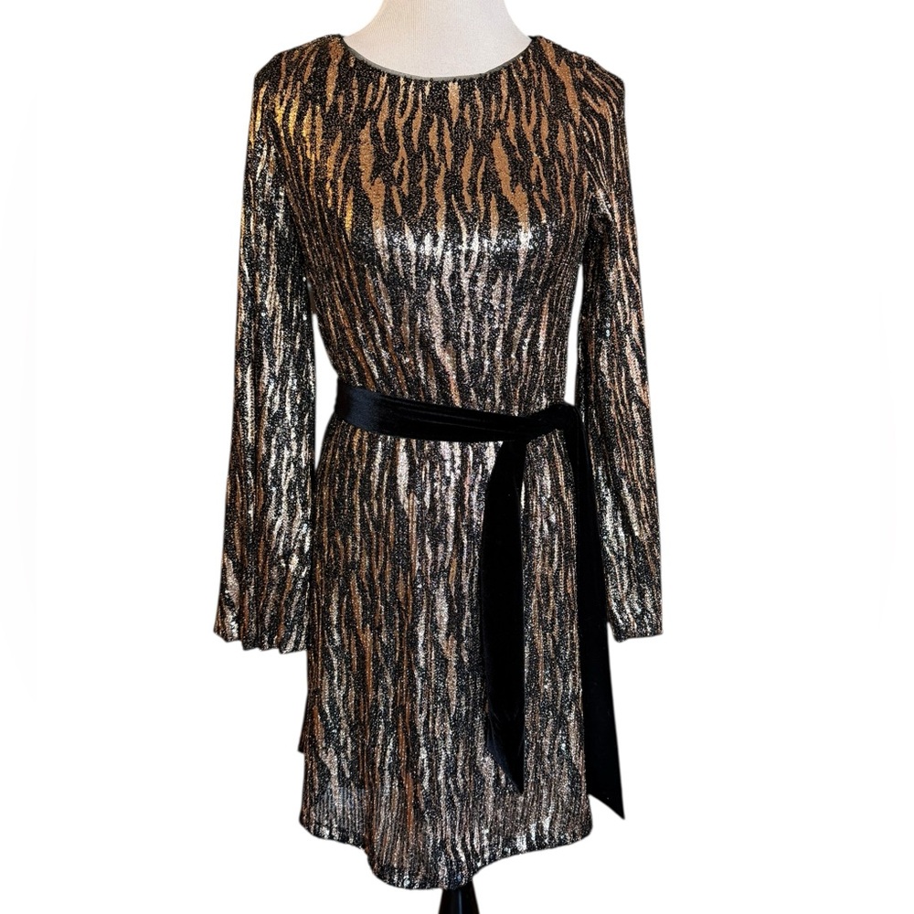 Betsy & Adam Metallic Animal Print Dress with Black Sash